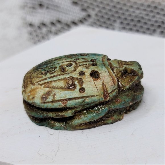 Vintage Clay Scarab Bead from Egypt Large Hieroglyphics - Picture 6 of 8